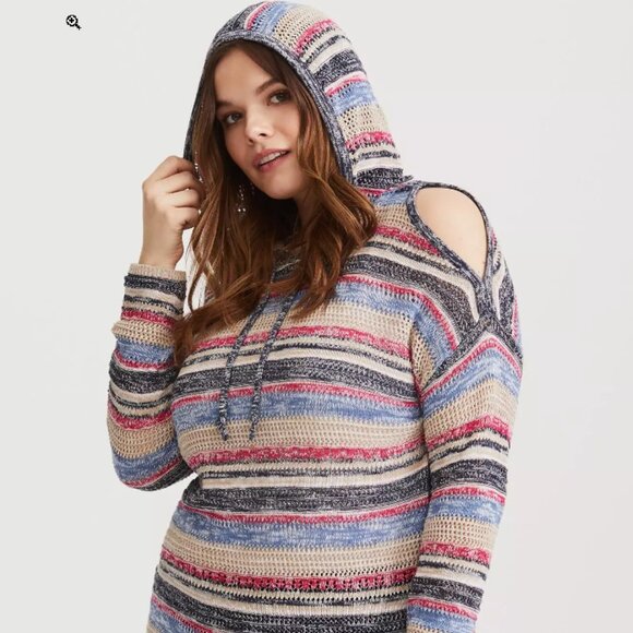 Cute Torrid Women's Plus Size Stripe Cold Shoulder Hoodie Knit Tunic- 6 6x 6xl - Picture 3 of 8